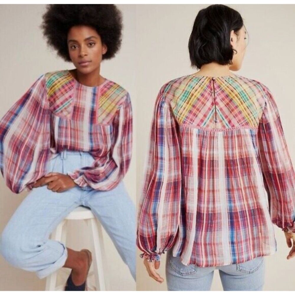 ANTHROPOLOGIE Blank London Crepe Miranda Peasant Plaid Top Small